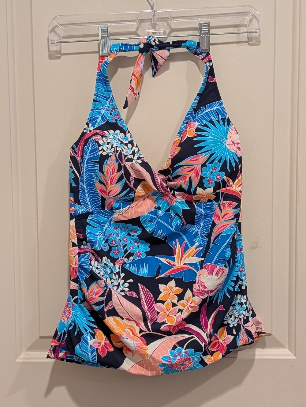 Gottex Navy Floral Halter Tankini Top with Bright Blue and Pink Accents